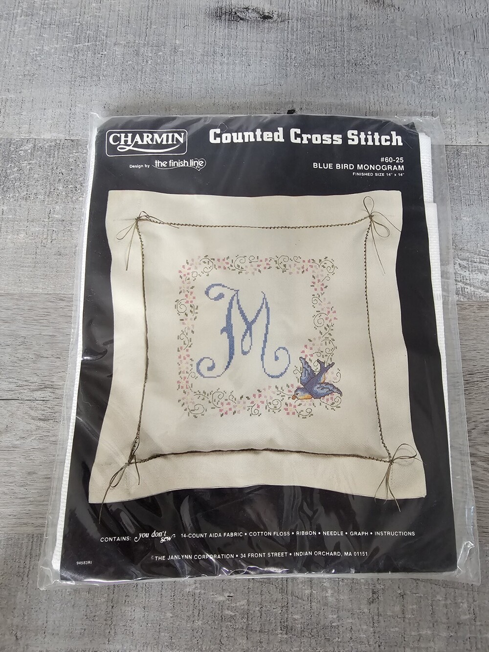 Janlynn Charmin Counted Cross Stitch Country Monogram Bluebird 14 x 14 Rare 242d